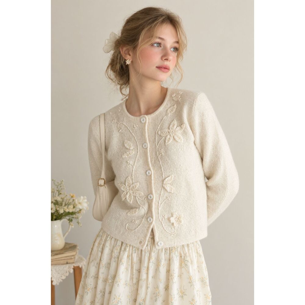 Vintage 100% Wool Butter Yellow Floral Cardigan Cottagecore Karen Scott PS